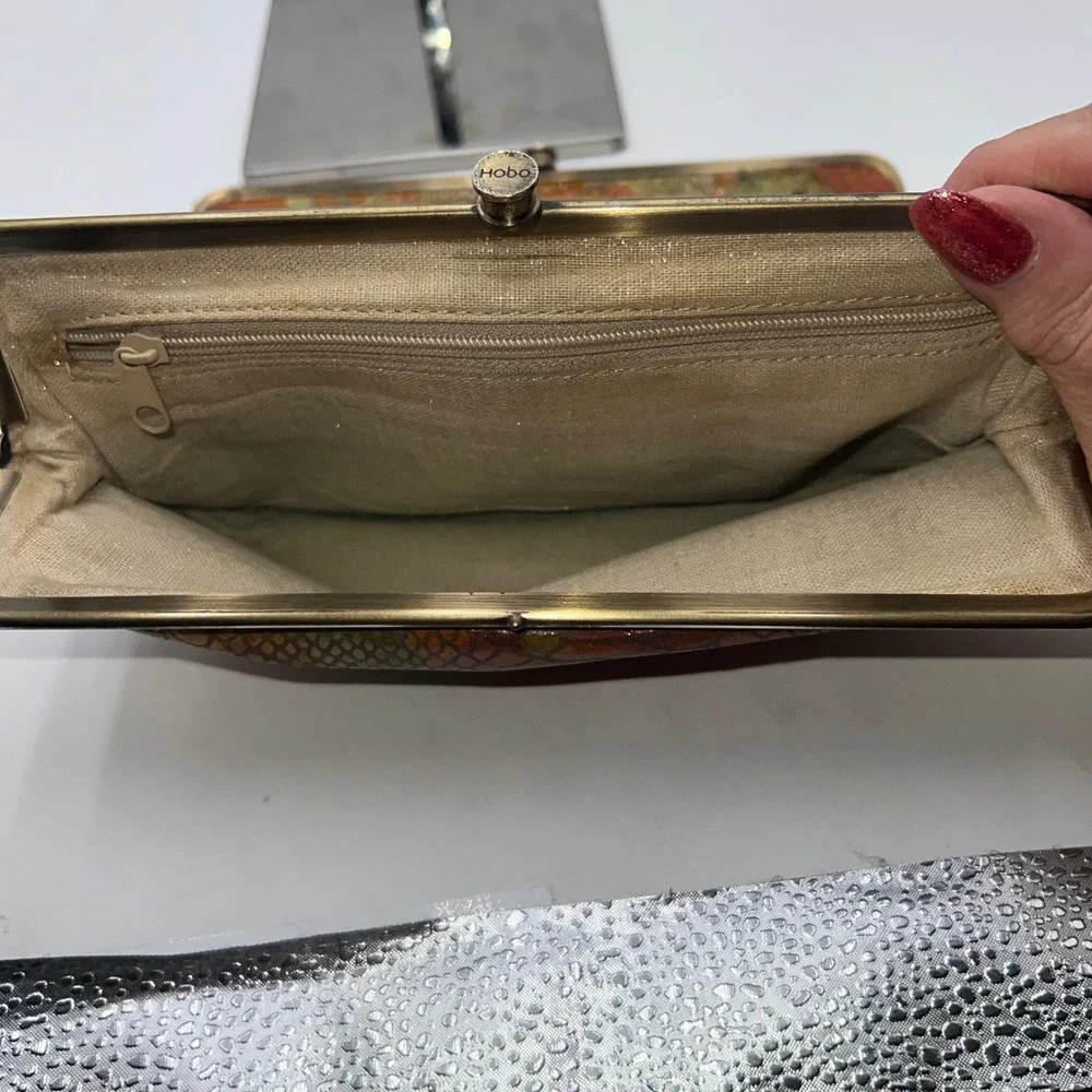 Hobo Clutch Wallet Snakeskin Print Leather Kisslock Closure